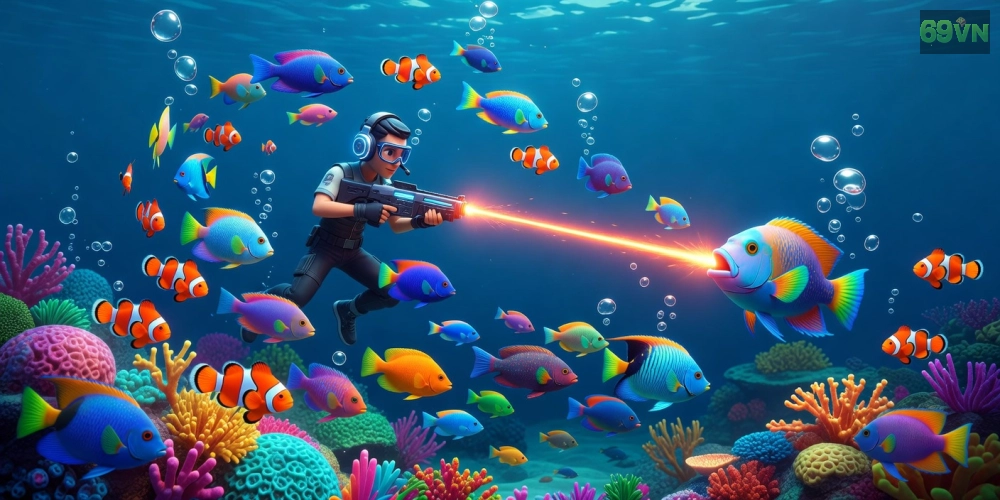 Minh họa giao diện game bắn cá đại dương với cá đa sắc màu và hiệu ứng bắn súng sống động