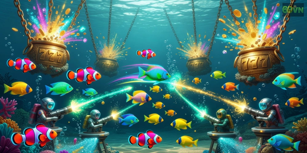 Minh họa giao diện trò chơi bắn cá nổ hũ 69vn với cá đa dạng và hũ jackpot sáng rực