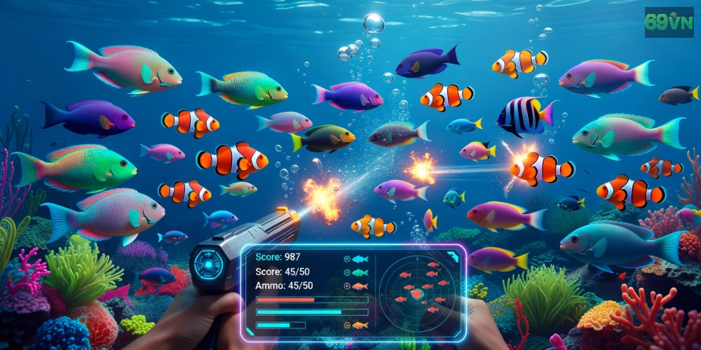 Caption mô tả hình ảnh minh họa gameplay bắn cá vui trên nền tảng 69vn với hiệu ứng sống động