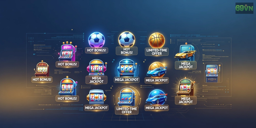 Hình minh họa khái niệm game khuyến mãi 69vn với các biểu tượng trò chơi hấp dẫn và phần thưởng lớn
