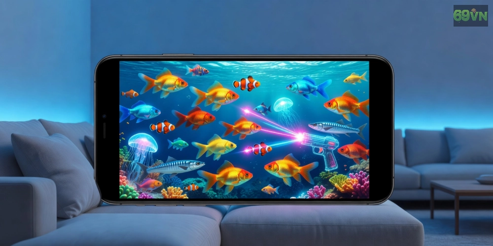 Giao diện top nền tảng bắn cá 69 Pro với các loài cá vàng hấp dẫn và bảng xếp hạng người chơi